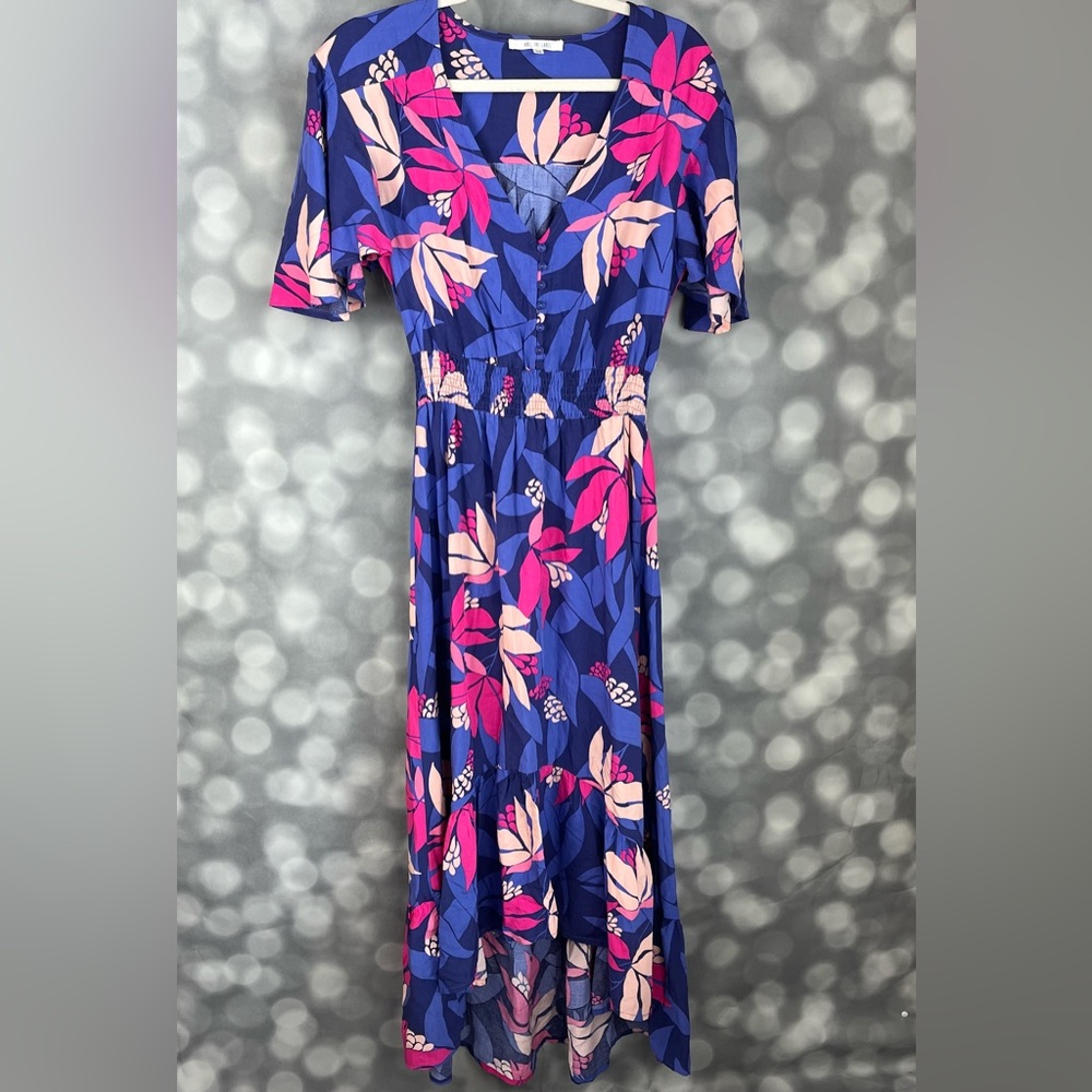 Able the Label Anthropologie women’s blue and pink flutter sleeve dress. Size XS